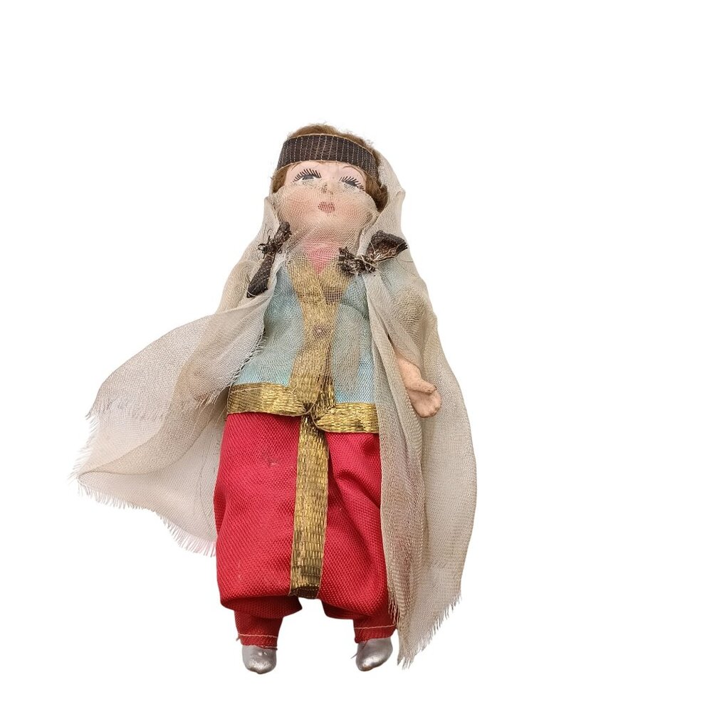 Vintage Handmade Belly Dancer Doll With Red Pants & Gold Trim Sheer Veil And Pai